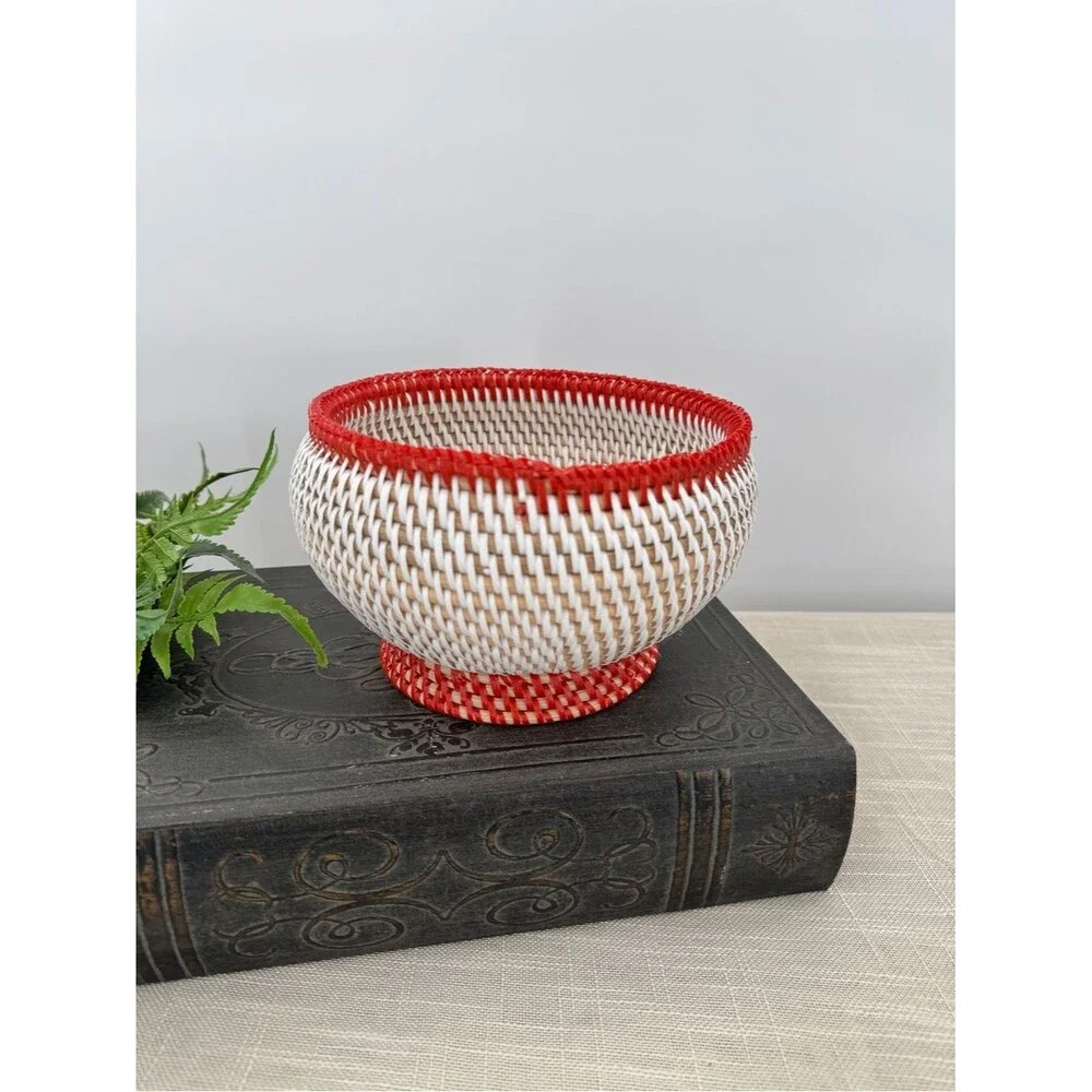 Vintage Woven Pedestal Basket Bowl Red Trim Boho Cottagecore Centerpiece Decor